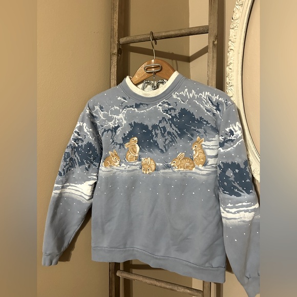 Morning Sun Tops - Vintage Morning Sun Winter Bunny Rabbit Sweatshirt M Blue Grannycore Made in USA